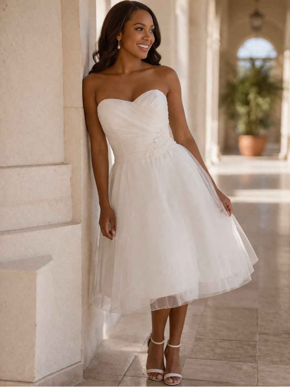 GALINA Strapless Knee-Length White Tulle Wedding Dress Sz 12